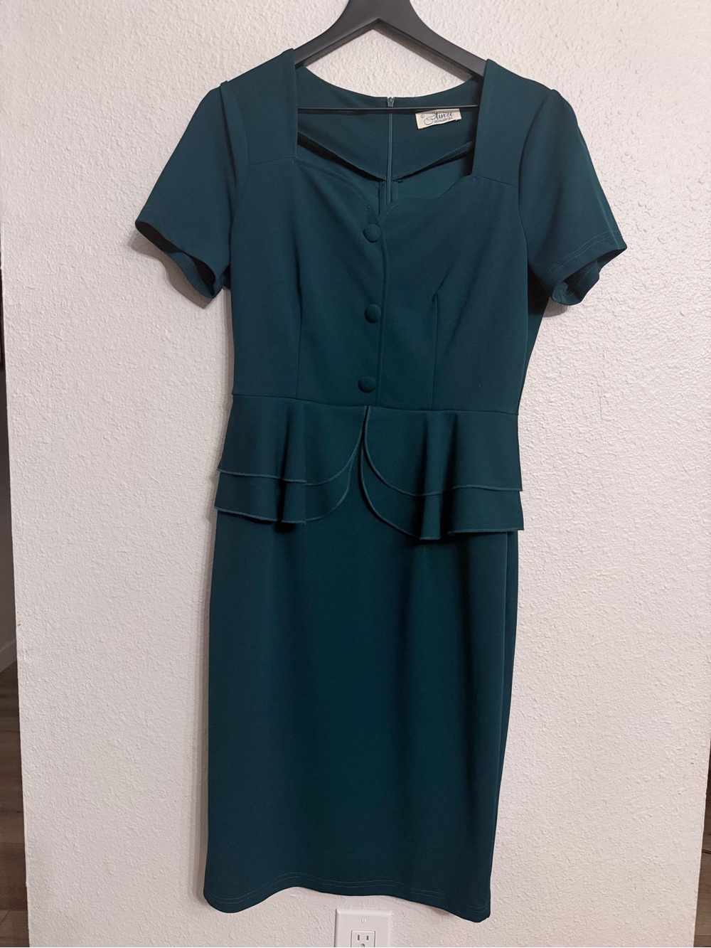 Teal Peplum Sheath Dress with Button Front